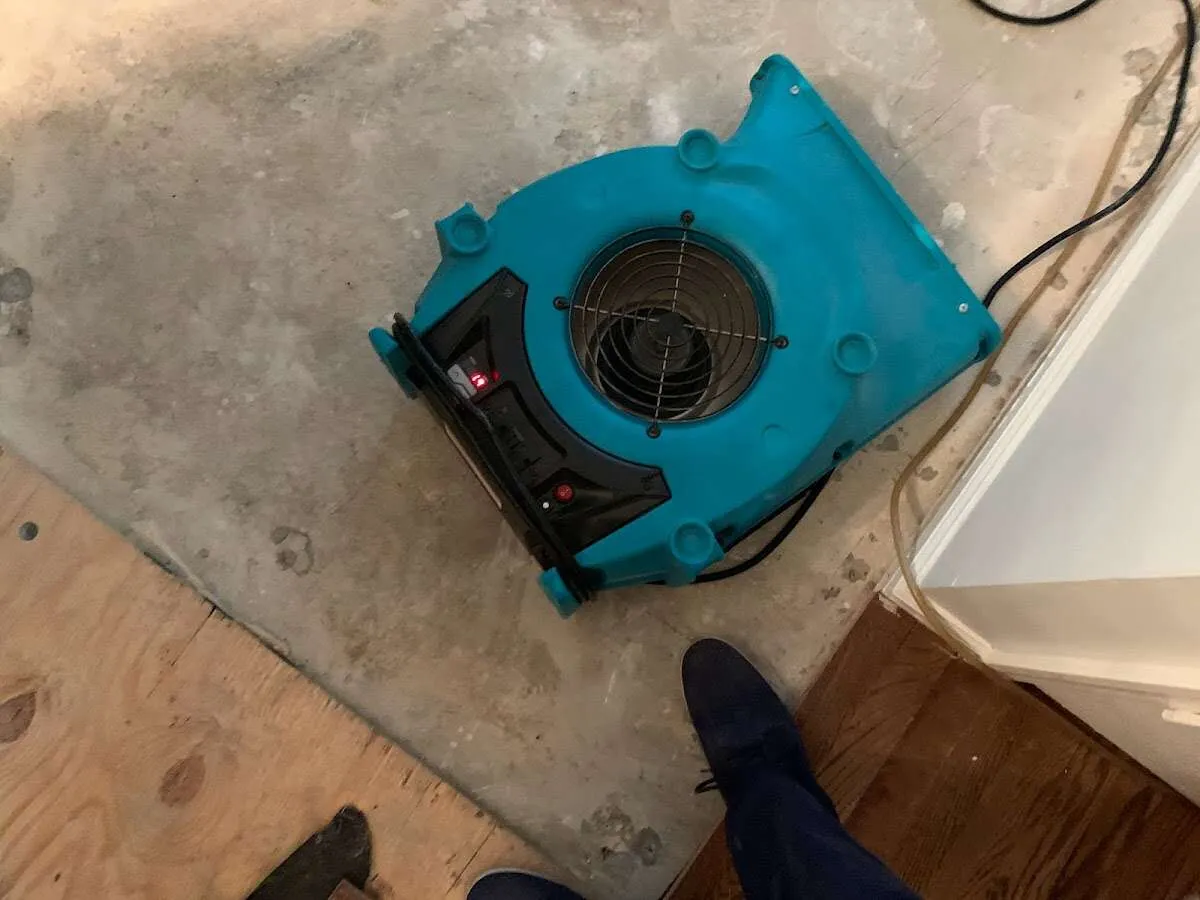 Air mover drying subfloor during Commercial Water Damage Restoration in Turlock